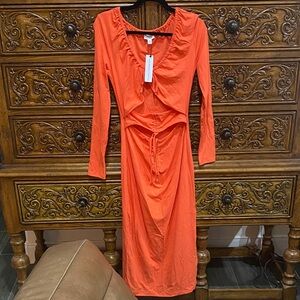 The Drop Ivanka.dekoning  Orange Long Sleeve Midi Dress with Gathered Front